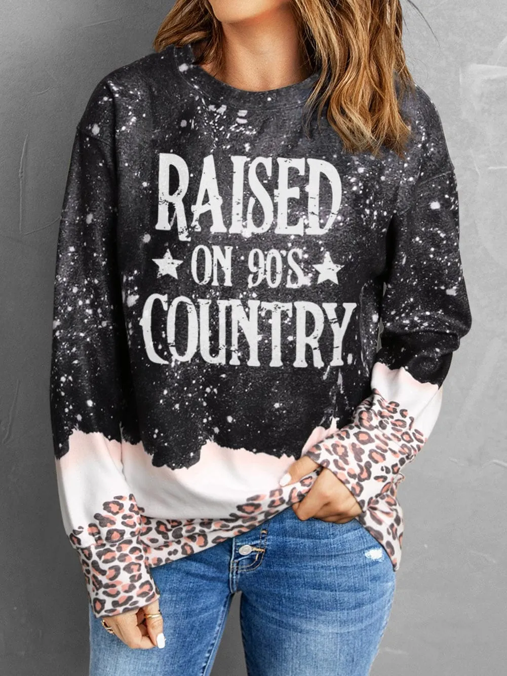 90's Country Leopard Print Color Block Sweatshirt with Raised Hem