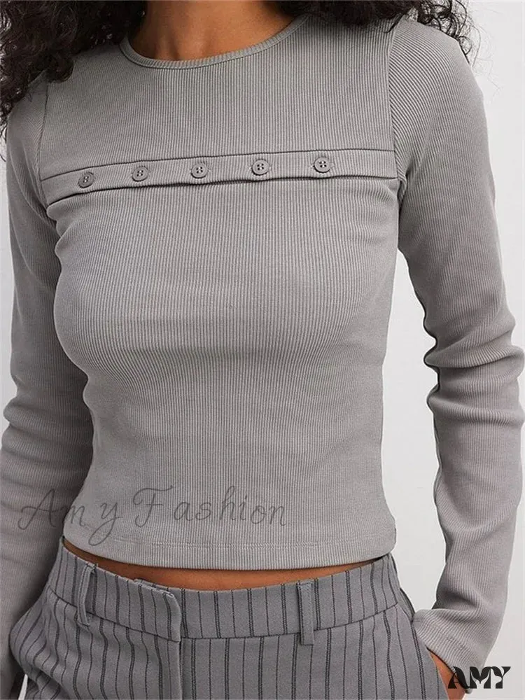 Amy Fashion - Ribbed Casual BasicLong Sleeve Crew Neck Buttons Solid Color  T-shirts