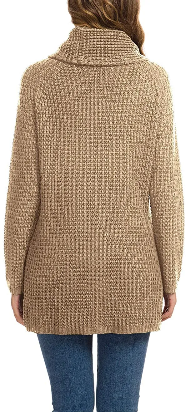 Annabella Creations  Women's Solid Color Chunky Button Pullover Sweater Turtle Cowl Neck Asymmetric Hem Knit Sweater