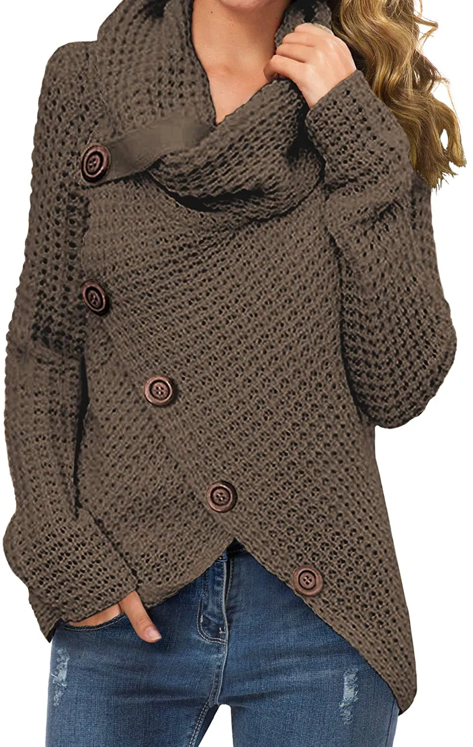 Annabella Creations  Women's Solid Color Chunky Button Pullover Sweater Turtle Cowl Neck Asymmetric Hem Knit Sweater