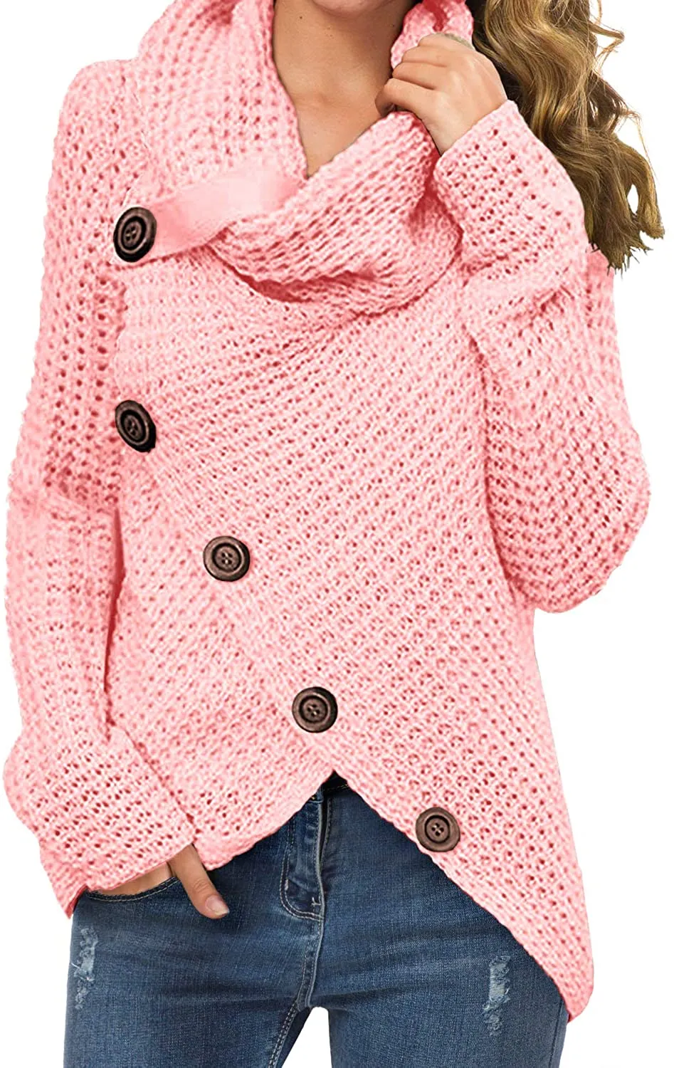 Annabella Creations  Women's Solid Color Chunky Button Pullover Sweater Turtle Cowl Neck Asymmetric Hem Knit Sweater