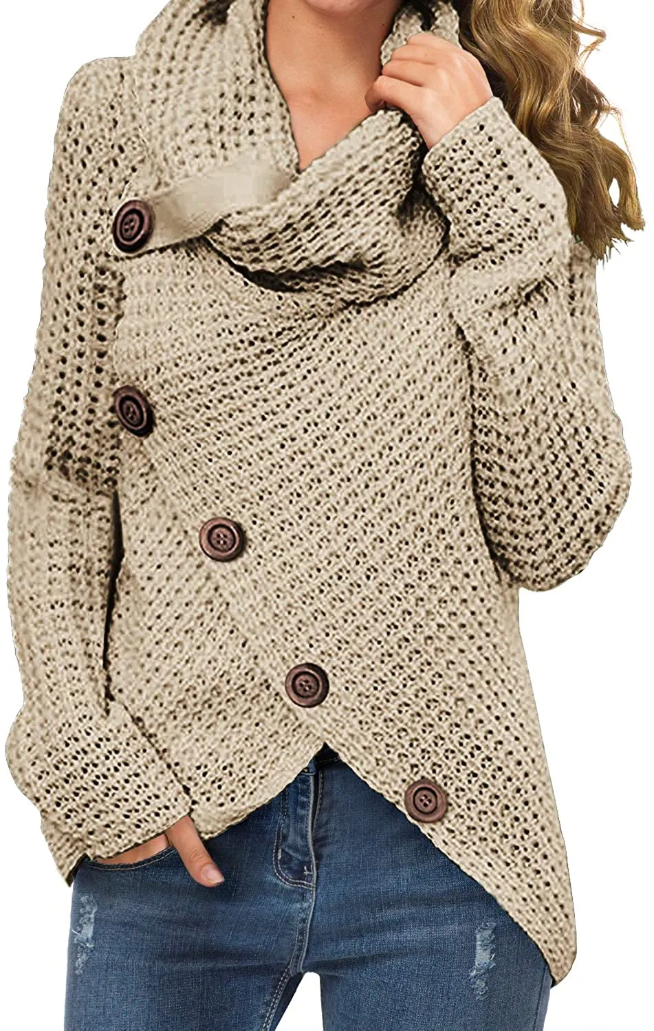 Annabella Creations  Women's Solid Color Chunky Button Pullover Sweater Turtle Cowl Neck Asymmetric Hem Knit Sweater