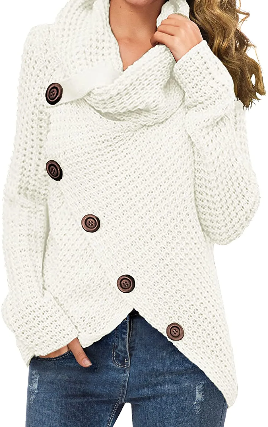 Annabella Creations  Women's Solid Color Chunky Button Pullover Sweater Turtle Cowl Neck Asymmetric Hem Knit Sweater