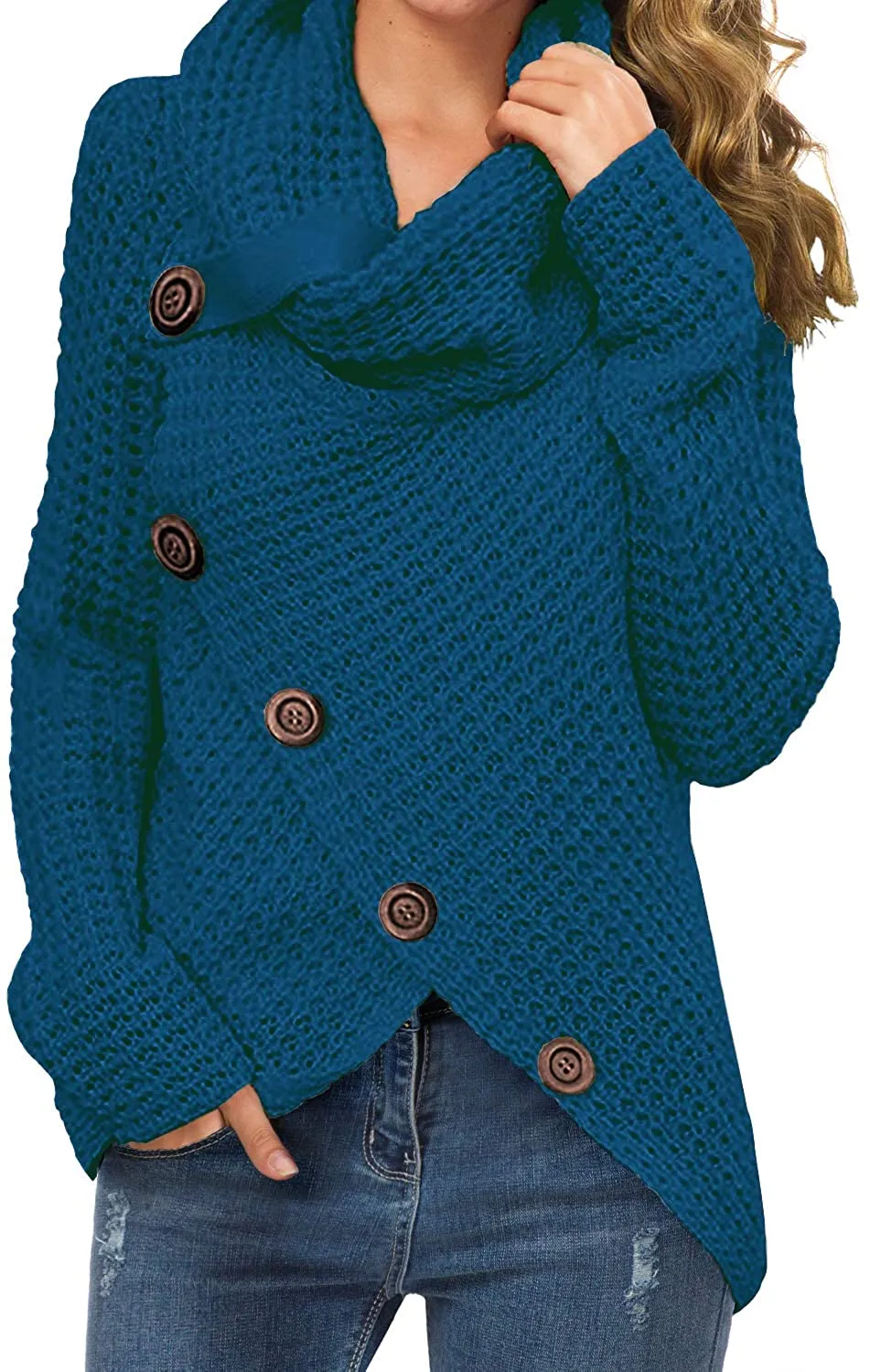 Annabella Creations  Women's Solid Color Chunky Button Pullover Sweater Turtle Cowl Neck Asymmetric Hem Knit Sweater