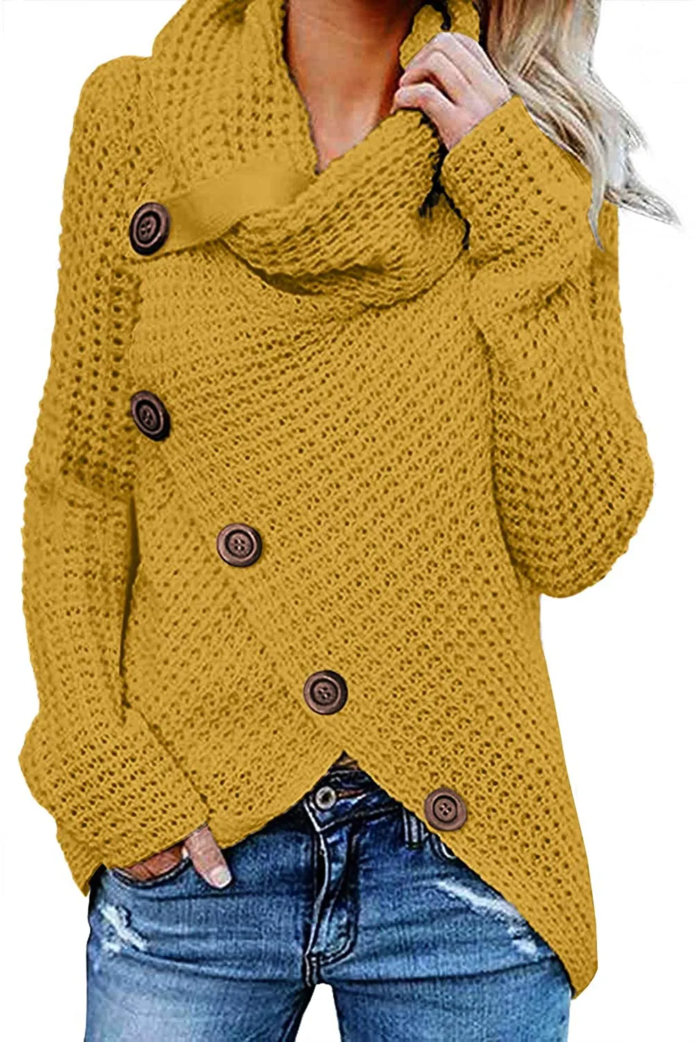 Annabella Creations  Women's Solid Color Chunky Button Pullover Sweater Turtle Cowl Neck Asymmetric Hem Knit Sweater