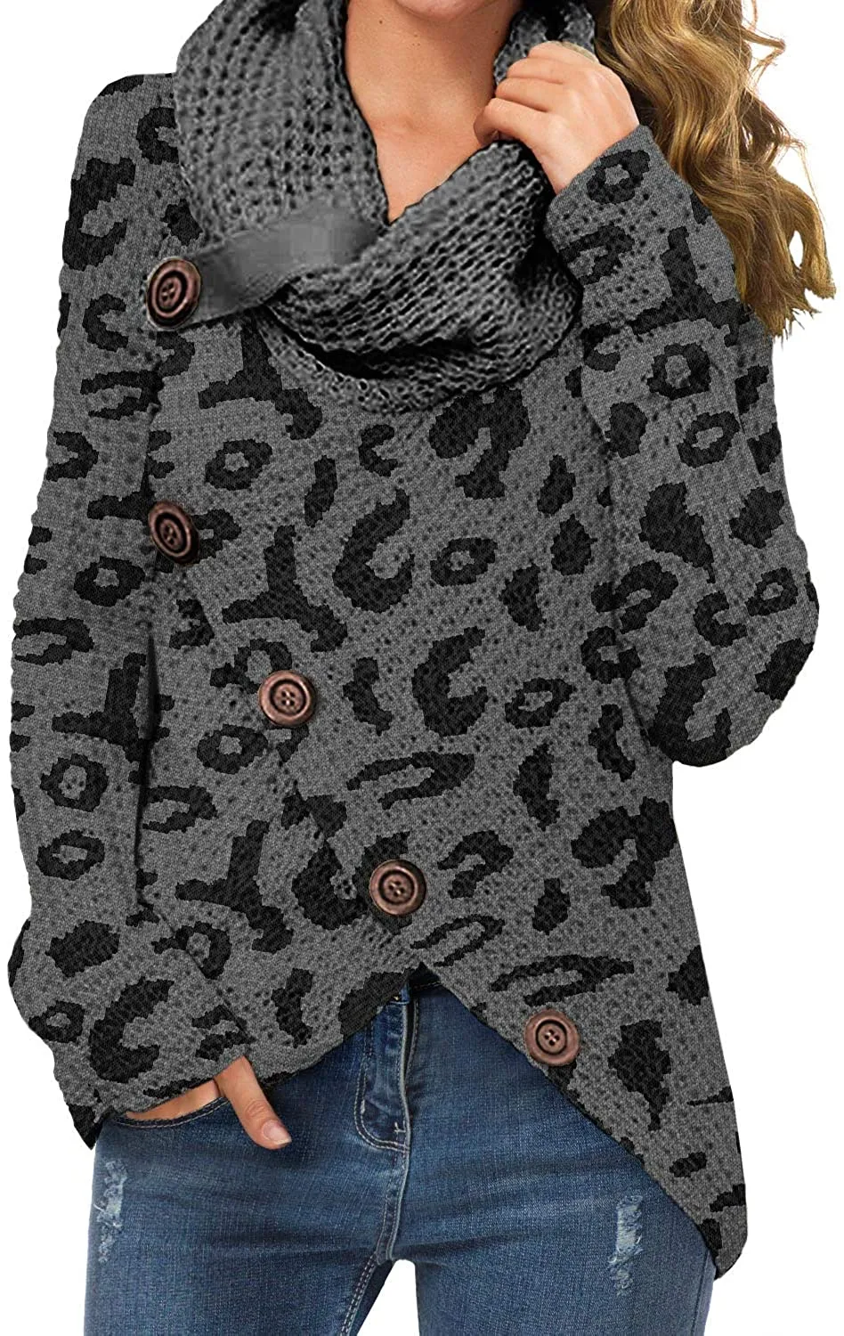 Annabella Creations  Women's Solid Color Chunky Button Pullover Sweater Turtle Cowl Neck Asymmetric Hem Knit Sweater