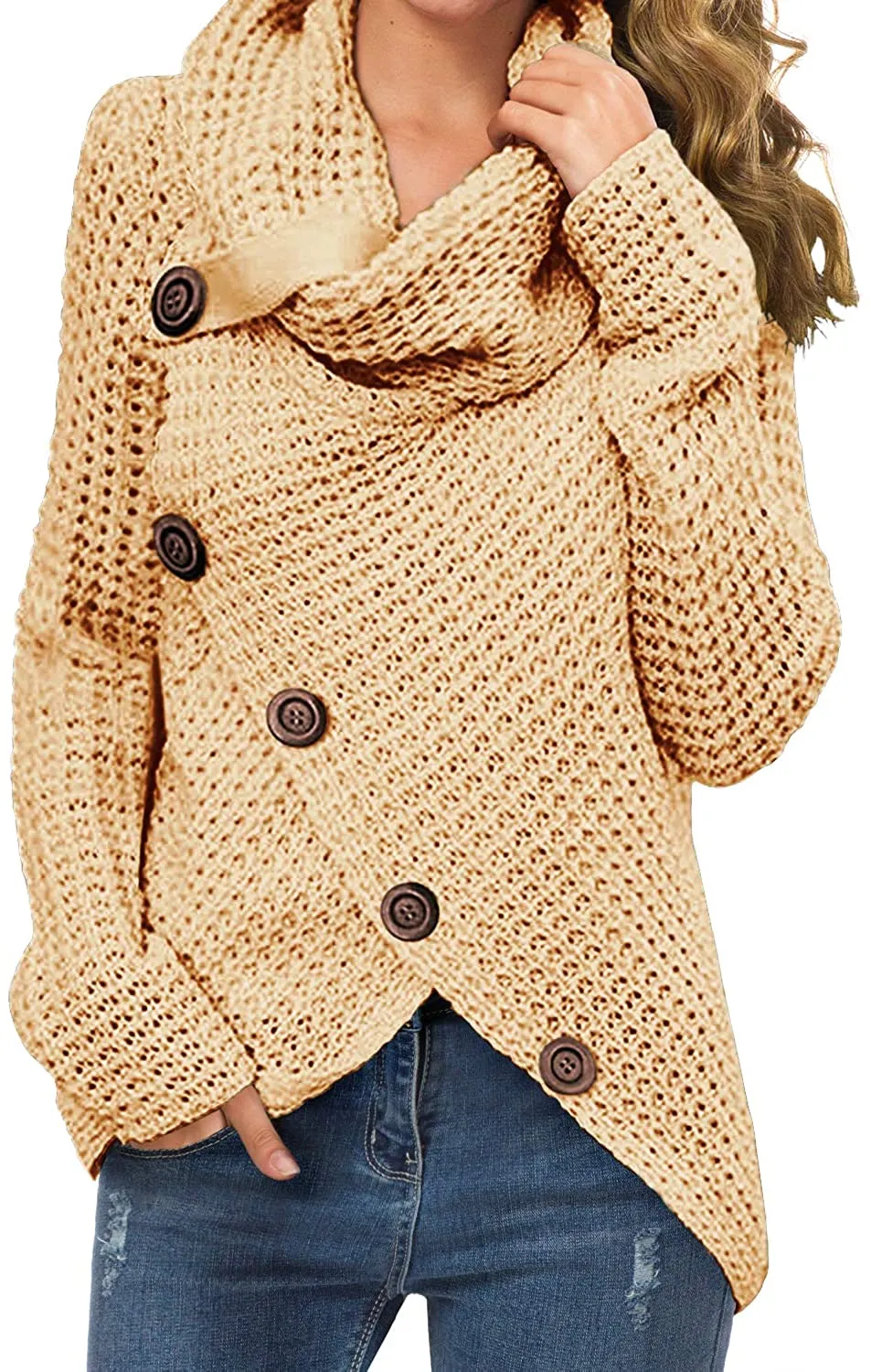 Annabella Creations  Women's Solid Color Chunky Button Pullover Sweater Turtle Cowl Neck Asymmetric Hem Knit Sweater