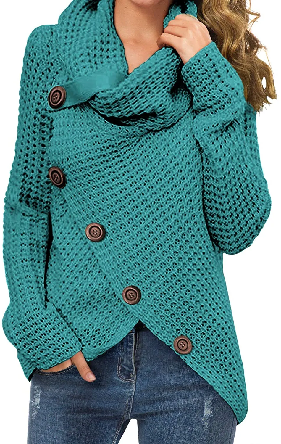 Annabella Creations  Women's Solid Color Chunky Button Pullover Sweater Turtle Cowl Neck Asymmetric Hem Knit Sweater