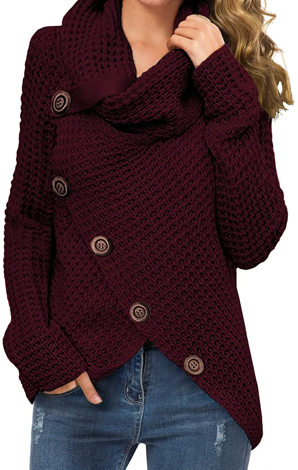 Annabella Creations  Women's Solid Color Chunky Button Pullover Sweater Turtle Cowl Neck Asymmetric Hem Knit Sweater