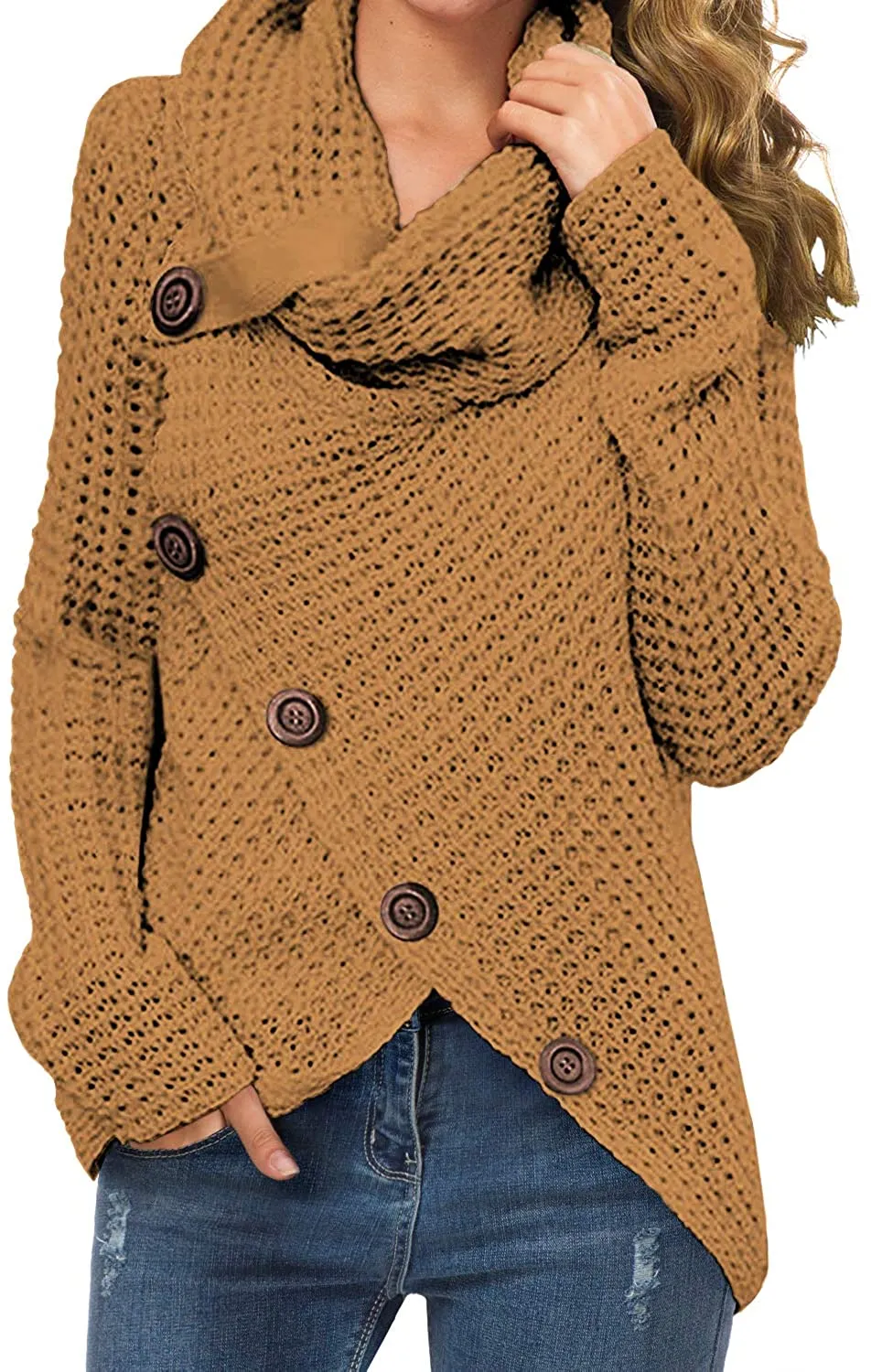 Annabella Creations  Women's Solid Color Chunky Button Pullover Sweater Turtle Cowl Neck Asymmetric Hem Knit Sweater