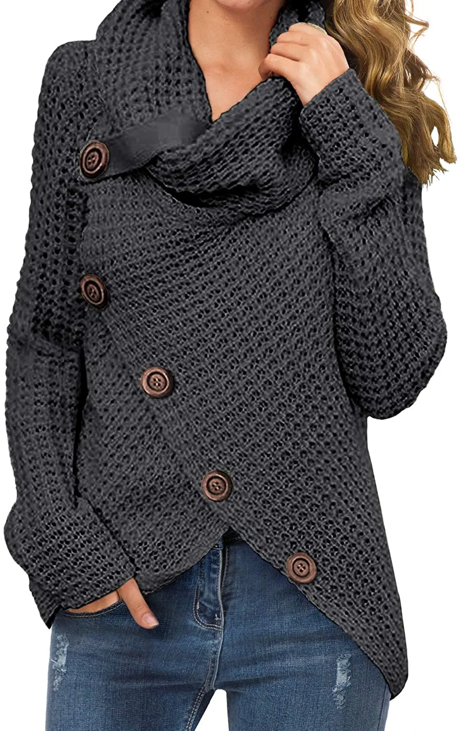 Annabella Creations  Women's Solid Color Chunky Button Pullover Sweater Turtle Cowl Neck Asymmetric Hem Knit Sweater