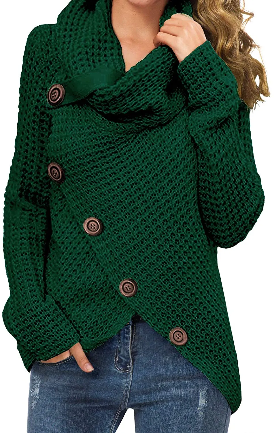 Annabella Creations  Women's Solid Color Chunky Button Pullover Sweater Turtle Cowl Neck Asymmetric Hem Knit Sweater