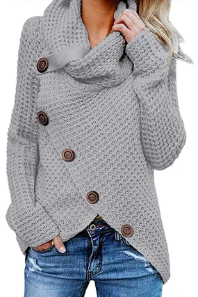 Annabella Creations  Women's Solid Color Chunky Button Pullover Sweater Turtle Cowl Neck Asymmetric Hem Knit Sweater