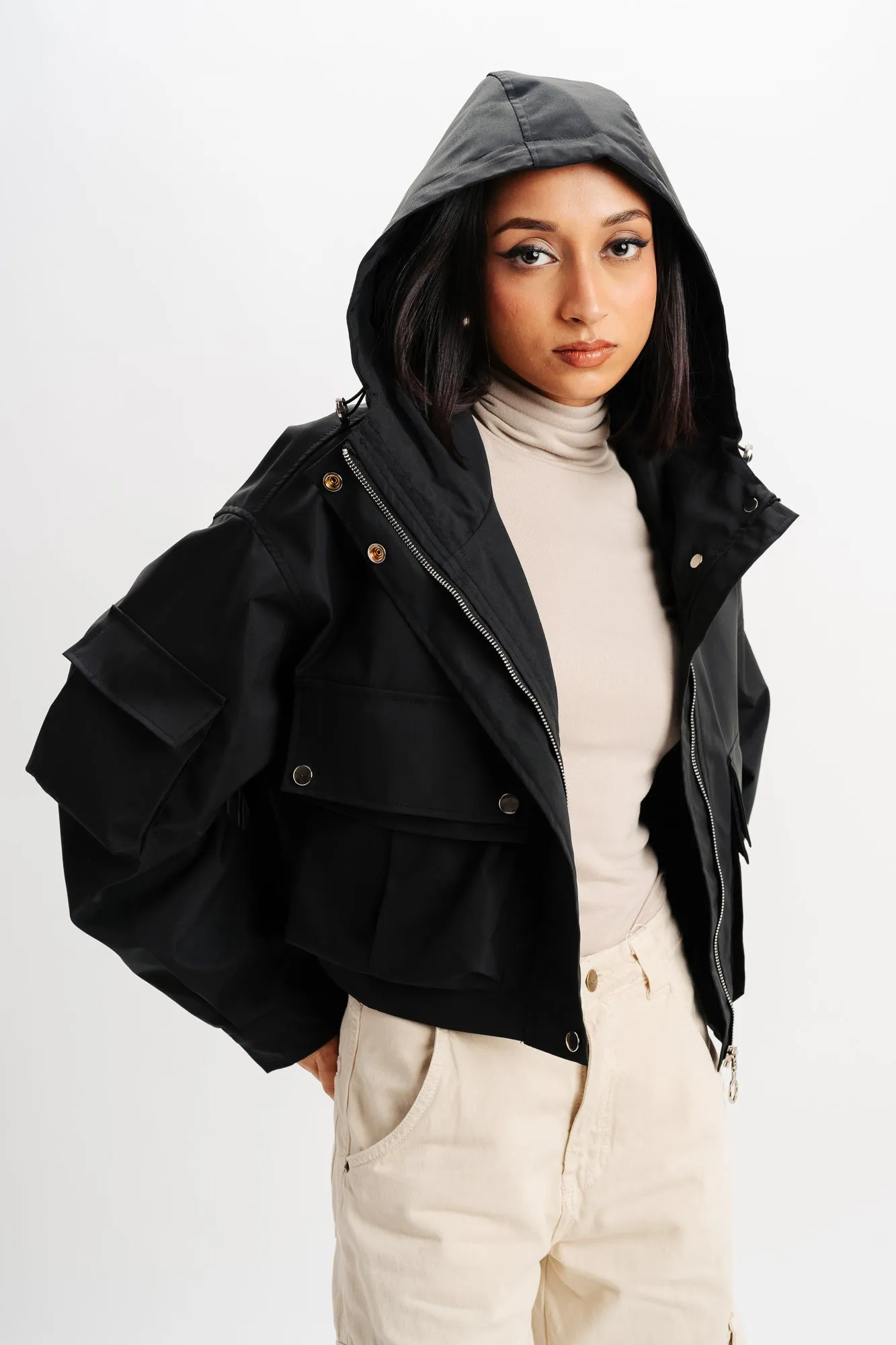 Black Hood Cargo Pocket Jacket