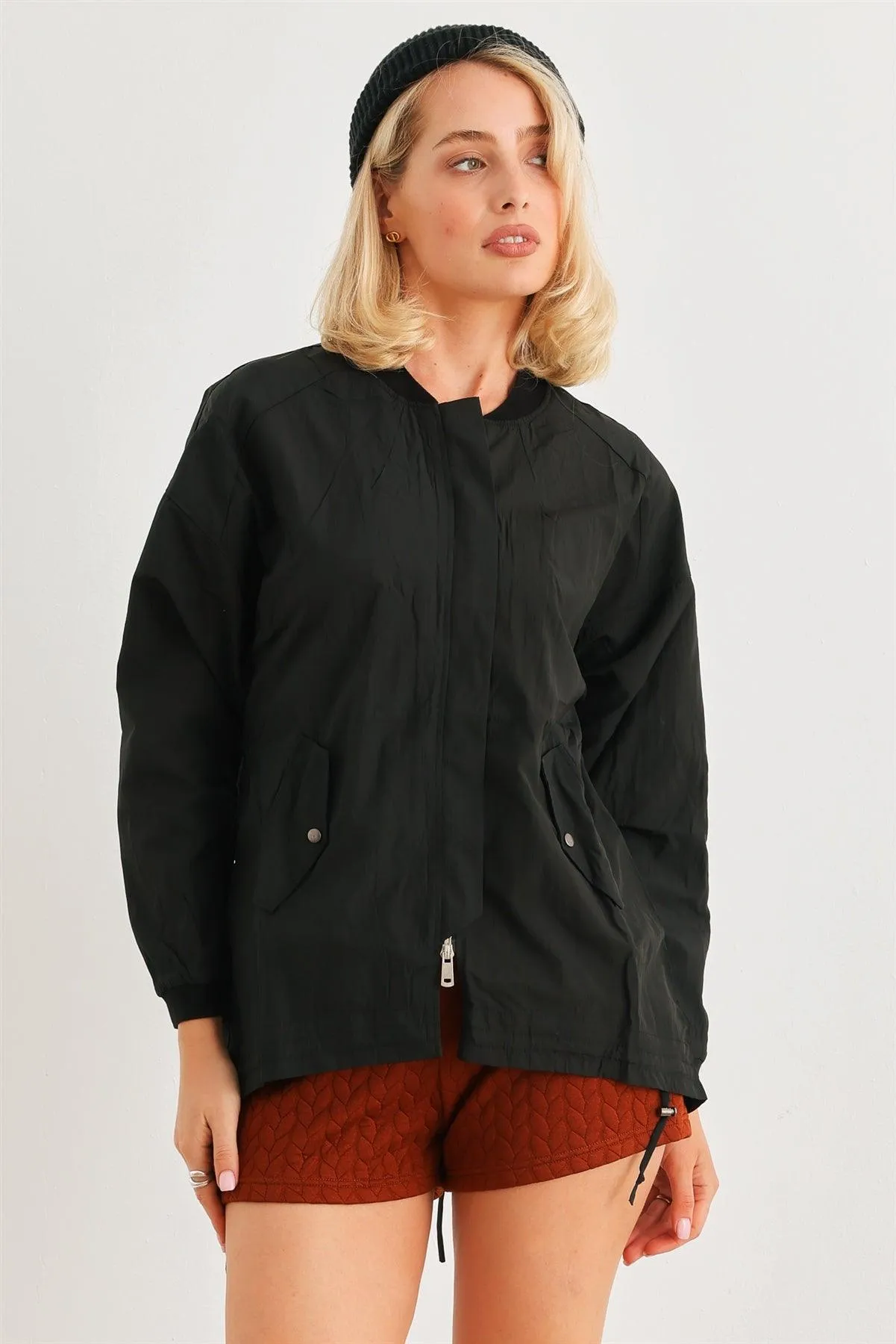 Black Two Way Zipper Drawstring Waist & Hem Coach Jacket /4-2