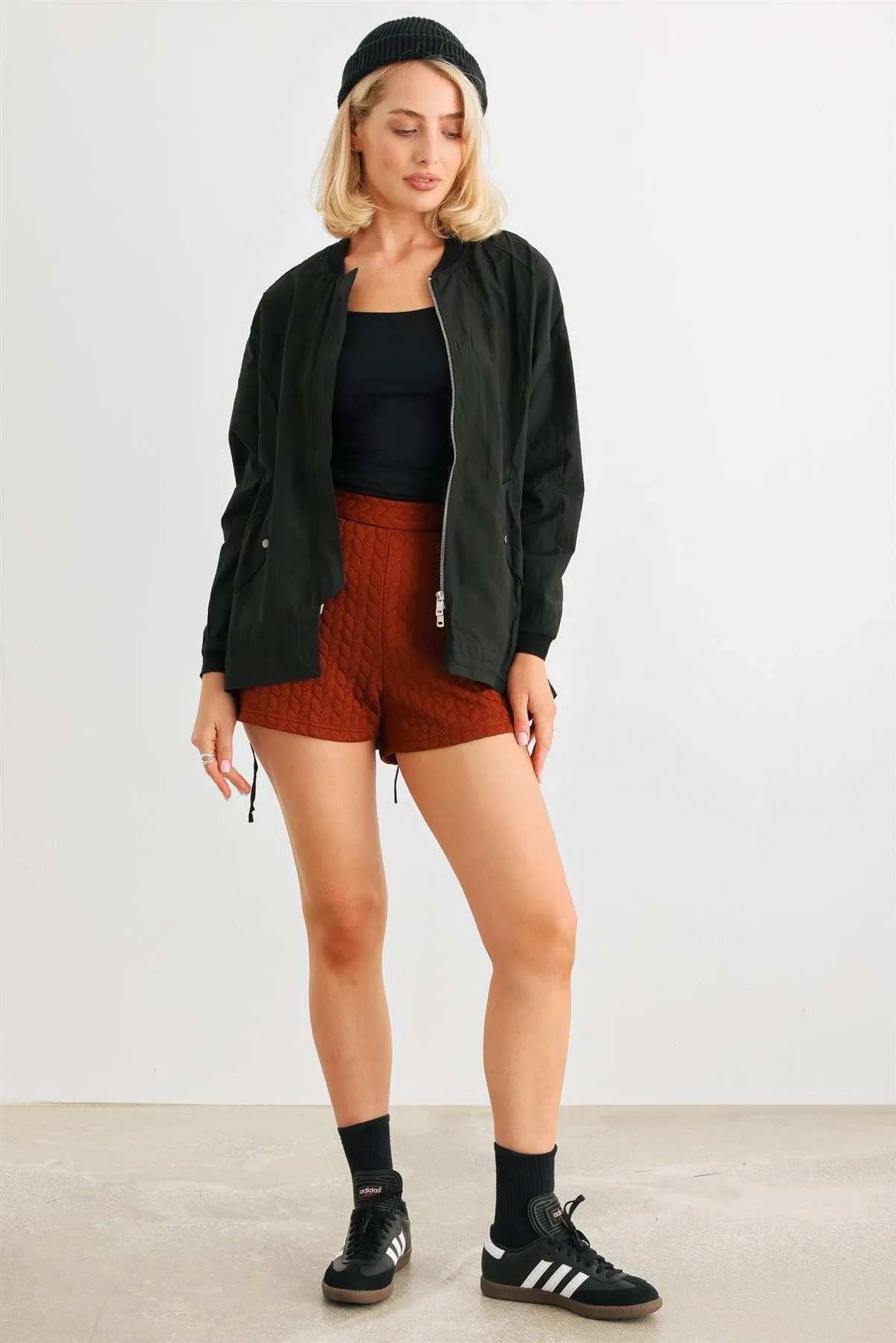 Black Two Way Zipper Drawstring Waist & Hem Coach Jacket /4-2