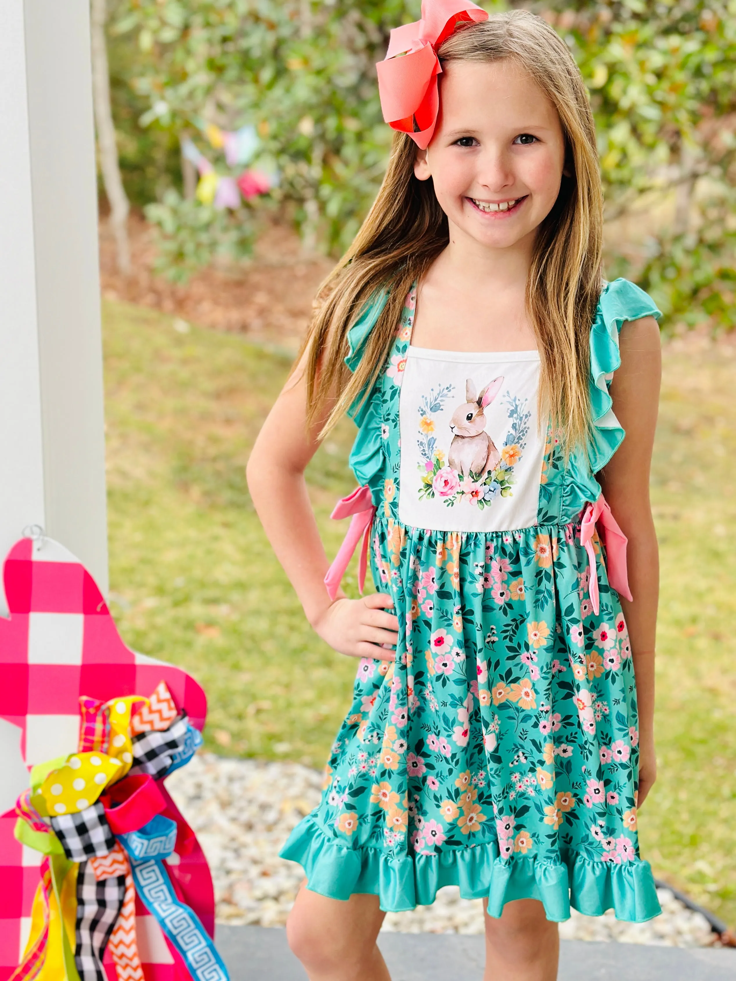 Classic Floral Easter Bunny Ruffle Dress