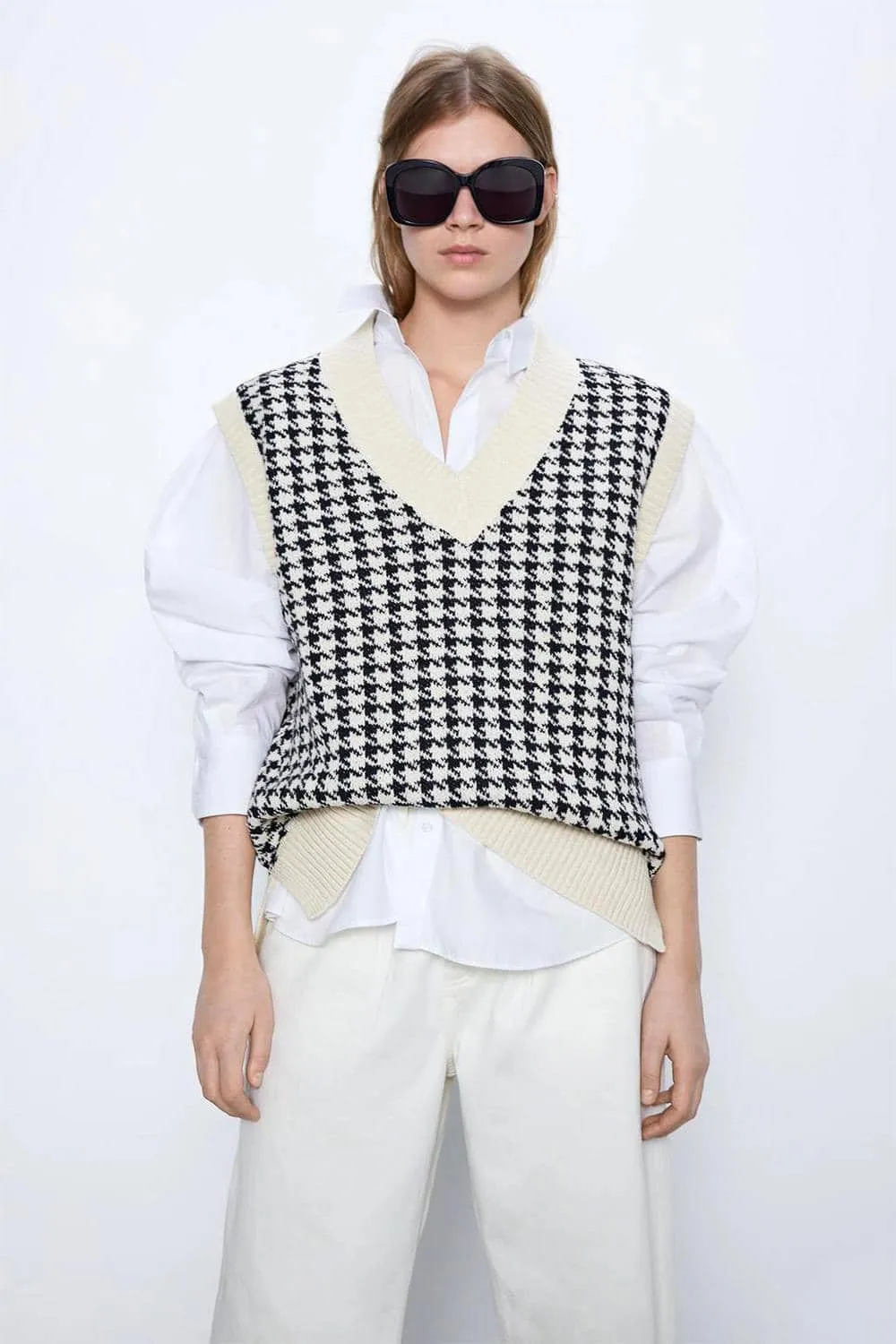 Classic Houndstooth Knit Tank Tops