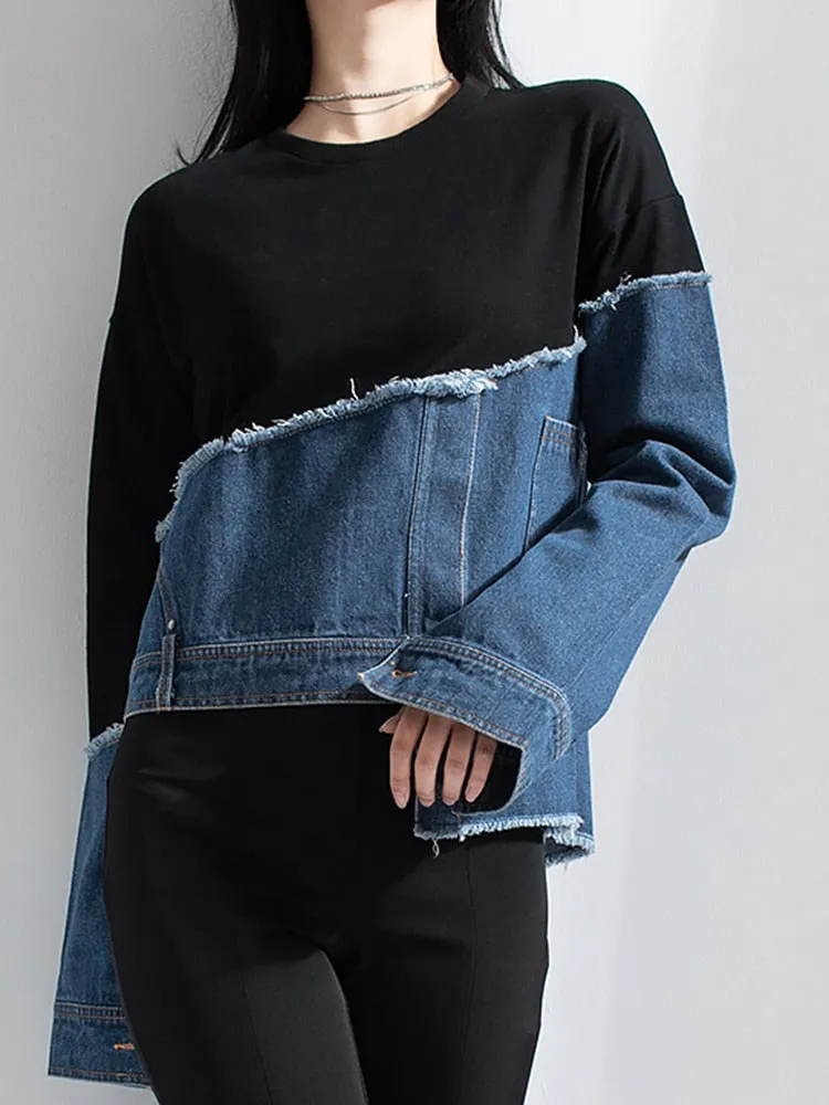 Denim color block sweatshirt