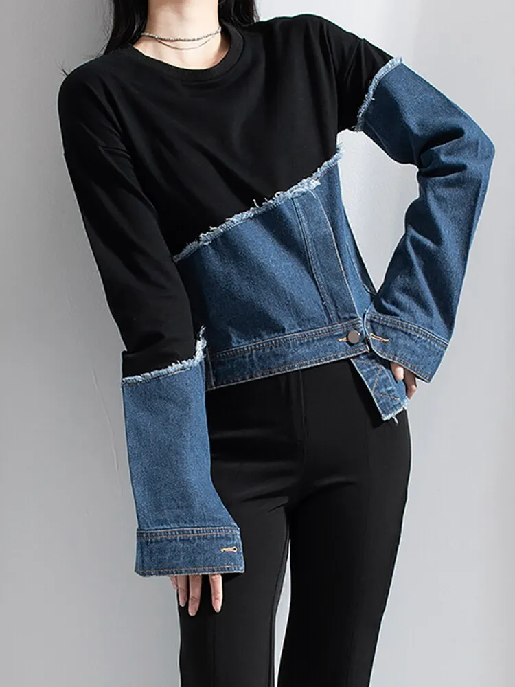 Denim color block sweatshirt