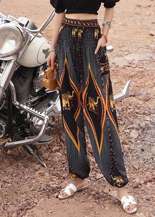 Elegant Black Elastic Waist Print Lantern Pants Summer LY0200