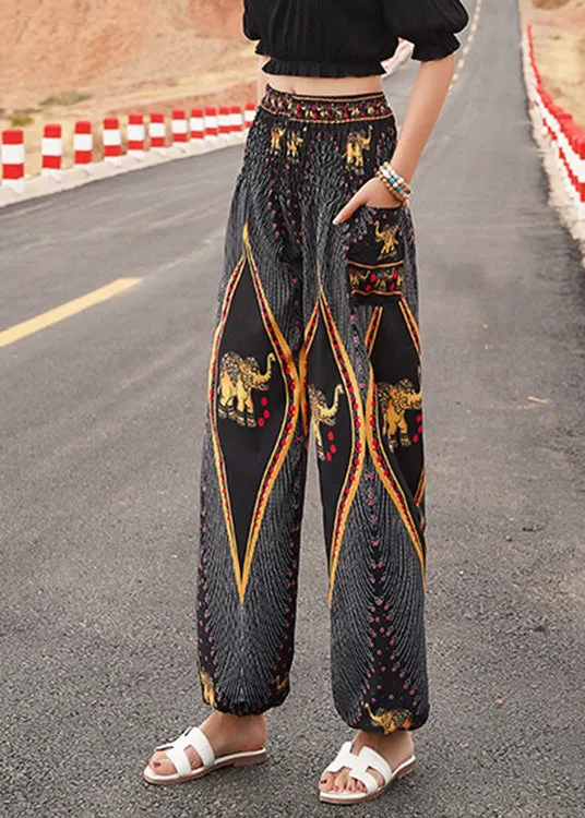 Elegant Black Elastic Waist Print Lantern Pants Summer LY0200