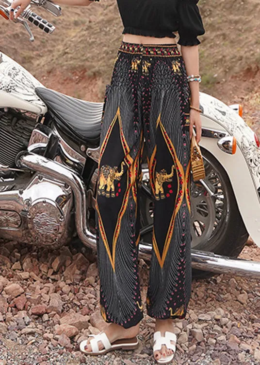 Elegant Black Elastic Waist Print Lantern Pants Summer LY0200