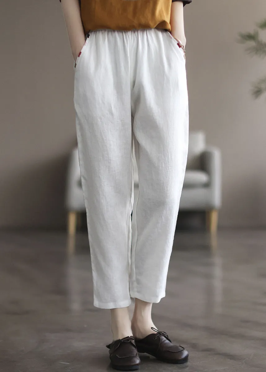 Elegant Black tPatchwork Elastic Waist Solid Linen Crop Pants LY6985