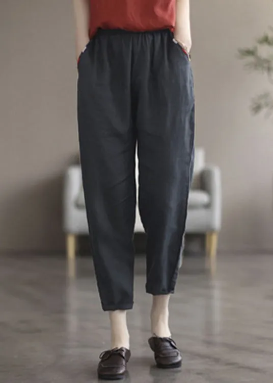 Elegant Black tPatchwork Elastic Waist Solid Linen Crop Pants LY6985