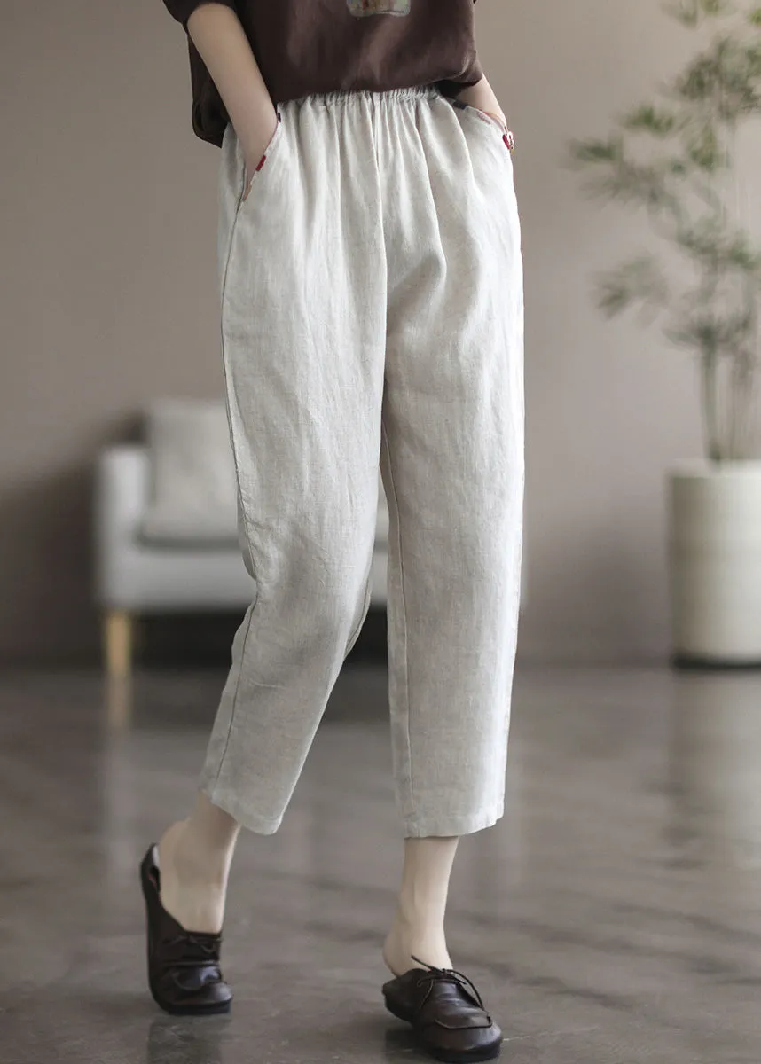 Elegant Black tPatchwork Elastic Waist Solid Linen Crop Pants LY6985