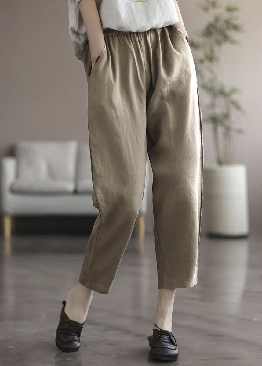 Elegant Black tPatchwork Elastic Waist Solid Linen Crop Pants LY6985