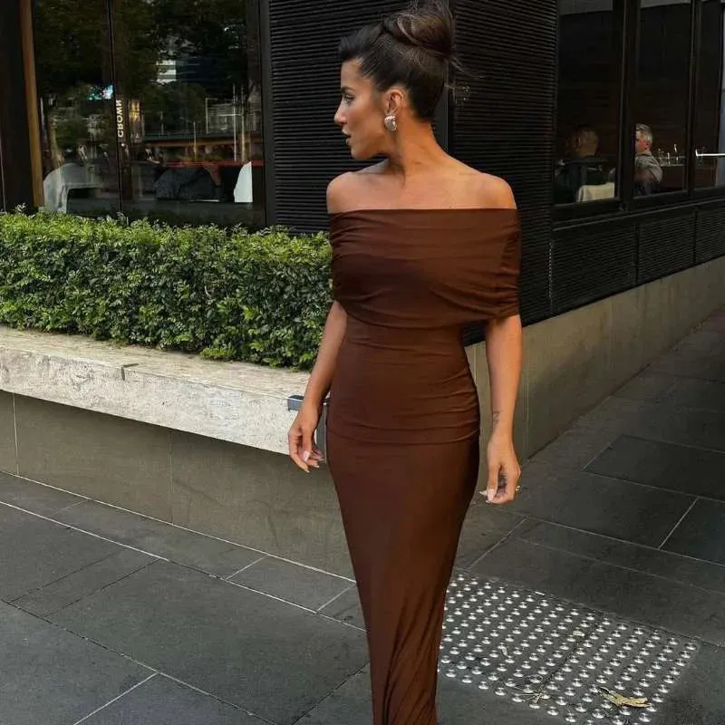 Elegant Off Shoulder Back Split Maxi Dress with Ruched Detail