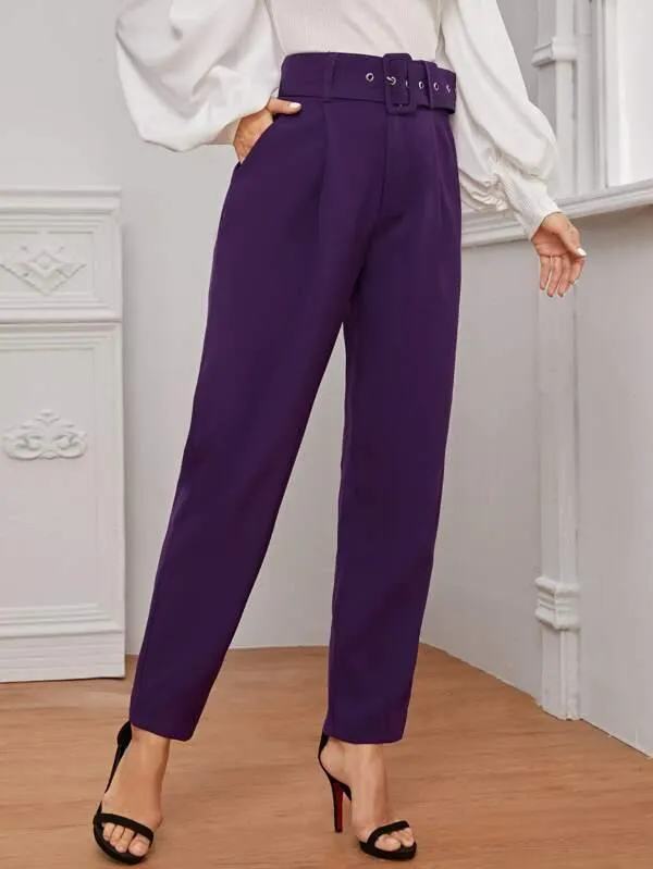 Fold Pleated Slant Pocket Belted Pants