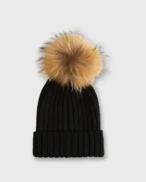 Fur Pom-Pom Beanie in Black Extra Fine Merino