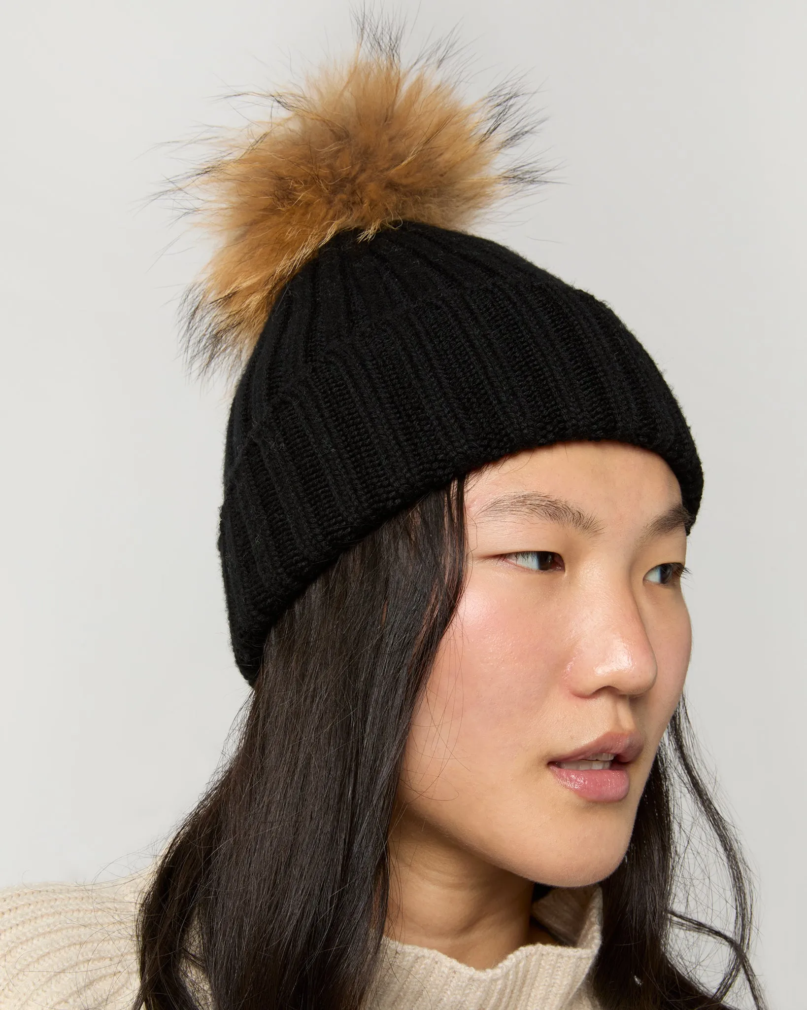 Fur Pom-Pom Beanie in Black Extra Fine Merino