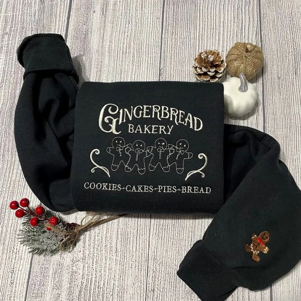 Gingerbread Christmas Embroidered Sweatshirt, Women's Embroidered Sweatshirts