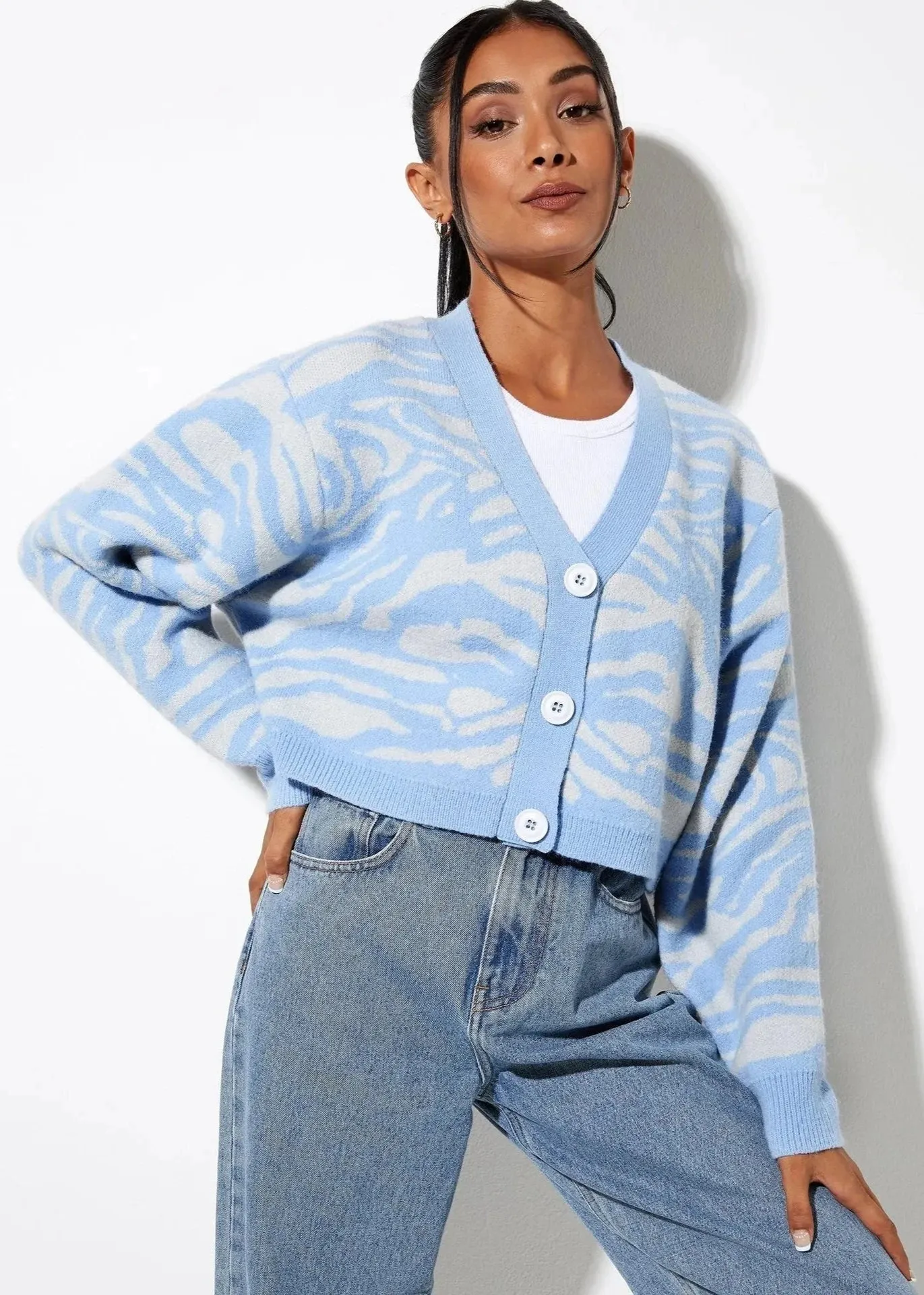 Ivyshape | Blue Zebra Print Knit Cardigan Soft Button-Up Sweater