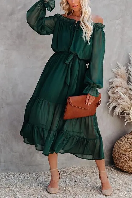 Layer Ruffles Off Shoulder Belted Maxi Dress