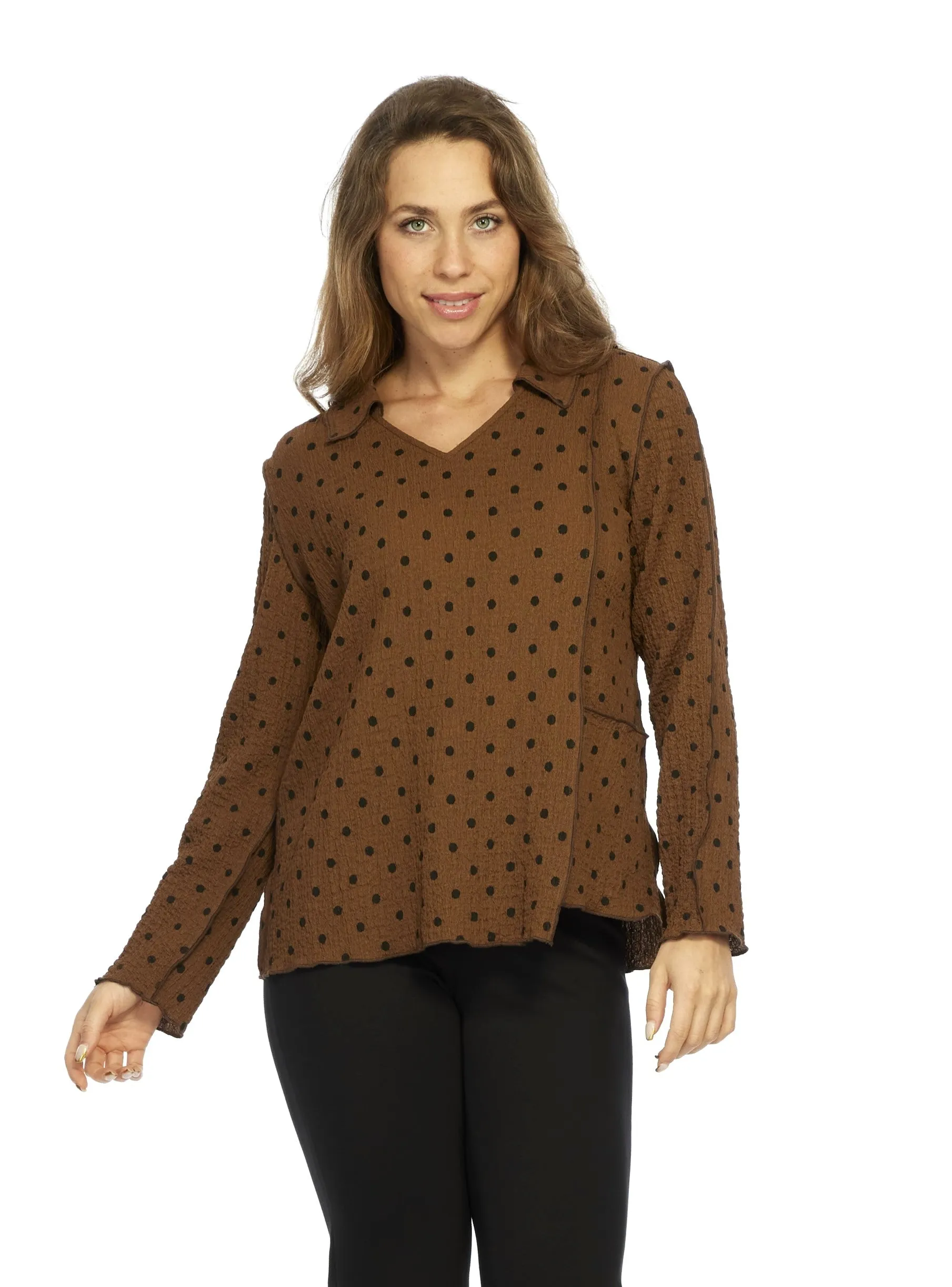 LIOR Women's Brown Polka Dot Long Sleeve Pull Over Top | Kimberly