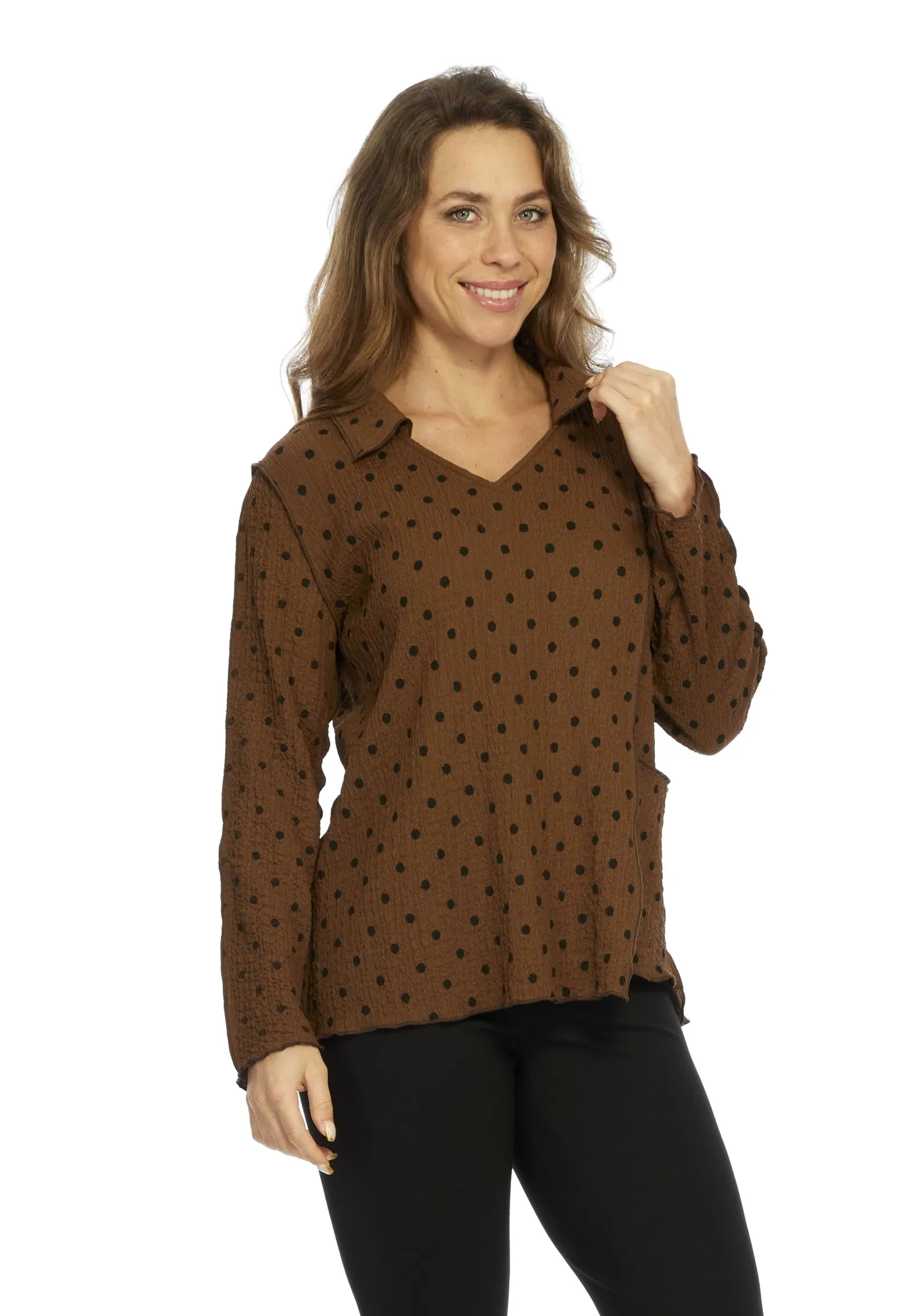 LIOR Women's Brown Polka Dot Long Sleeve Pull Over Top | Kimberly