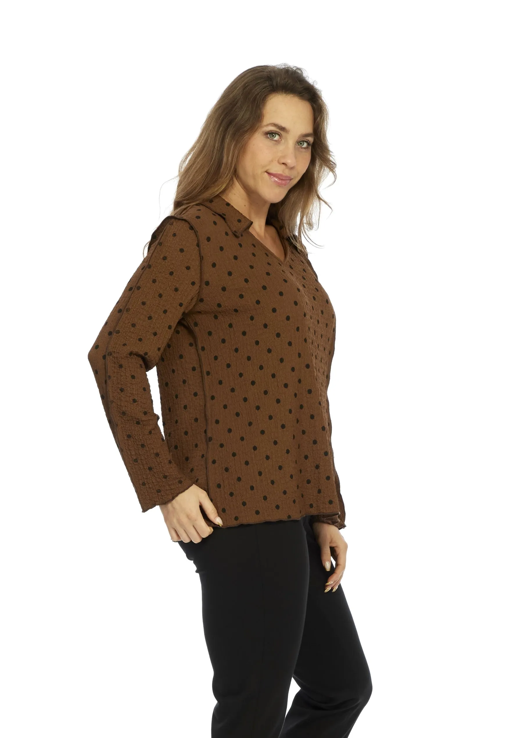 LIOR Women's Brown Polka Dot Long Sleeve Pull Over Top | Kimberly