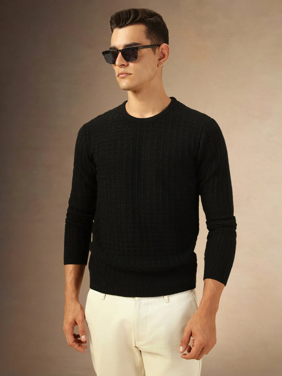 Men's Black Self Design Round Neck Full Sleeves Pullover Sweater