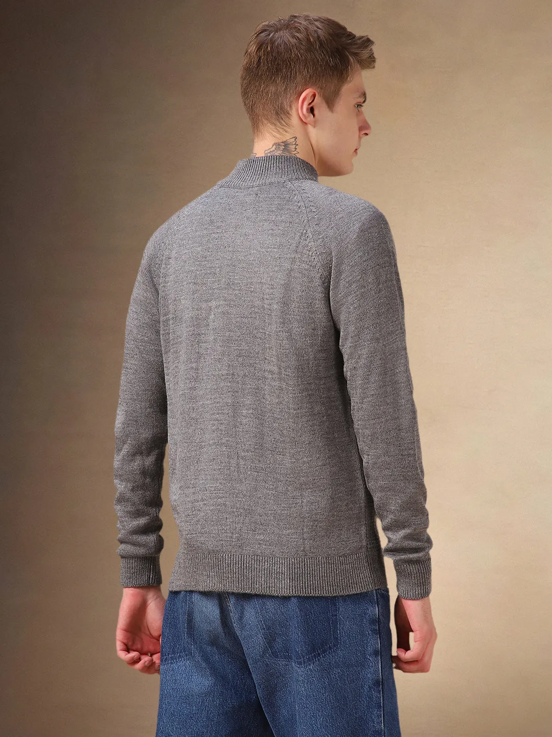 Men's Grey Solid High Neck Full Sleeves Front-Open Sweater