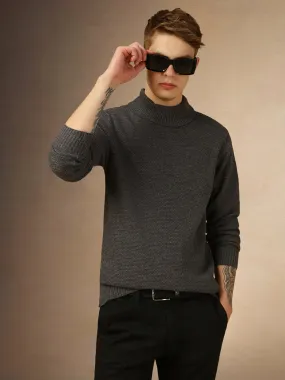 Men's Grey Turtle Neck Full Sleeves Slim Fit Pullover Sweater