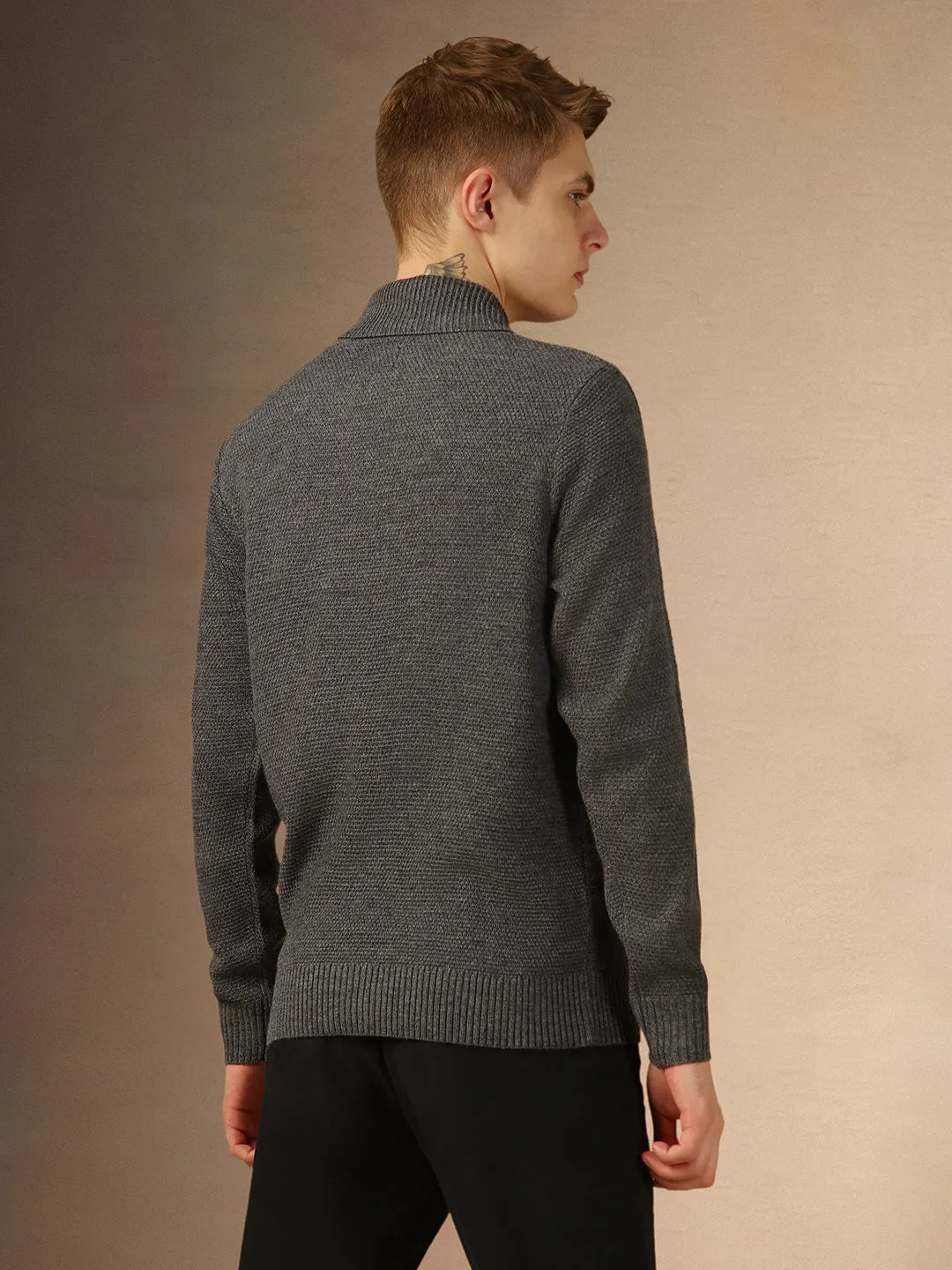 Men's Grey Turtle Neck Full Sleeves Slim Fit Pullover Sweater