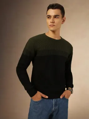 Men's Olive Colorblock Round Neck Full Sleeves Pullover Sweater