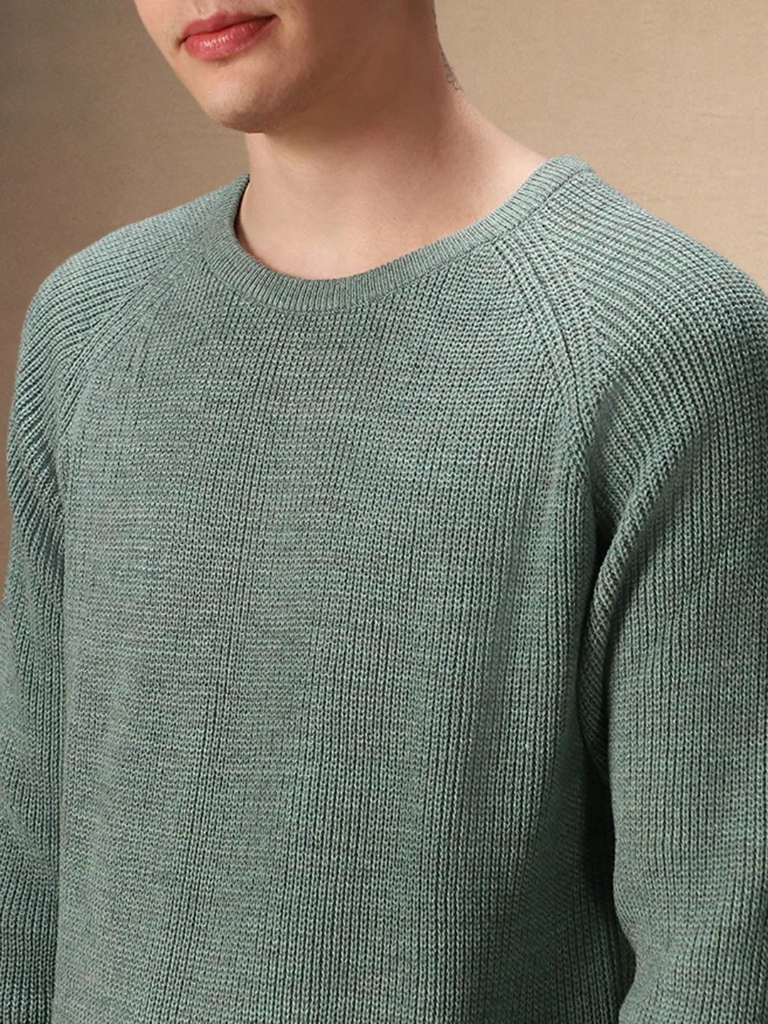 Men's Sage Green Round Neck Full Sleeves Pullover Sweater