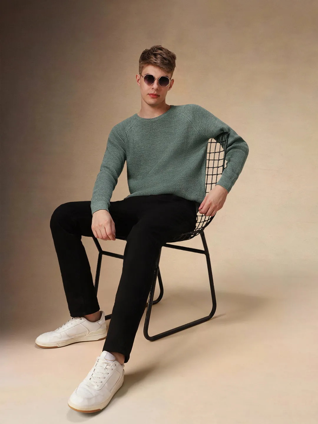 Men's Sage Green Round Neck Full Sleeves Pullover Sweater