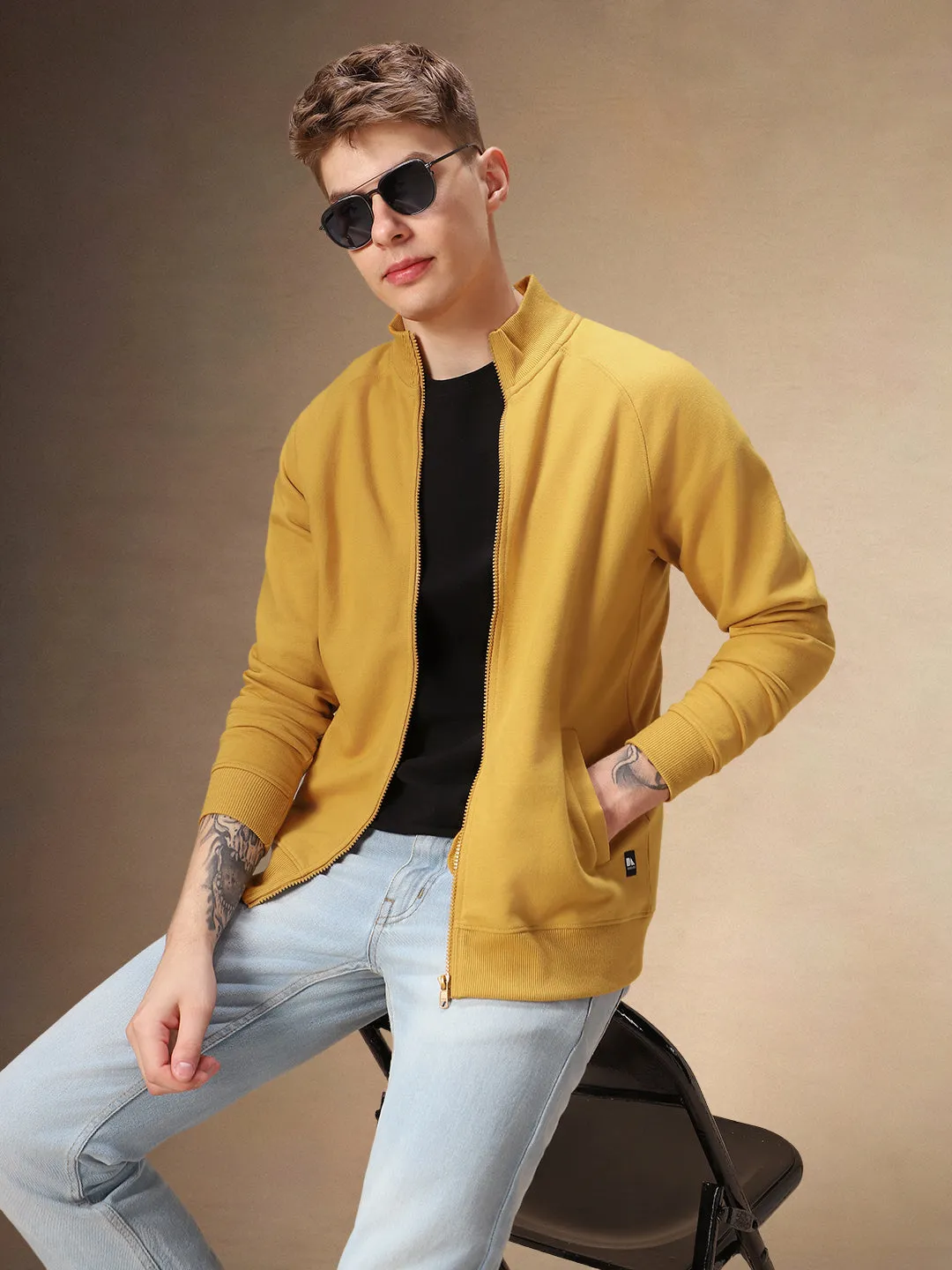 Men's Solid Mustard Full Sleeves Front-Open Sweatshirt