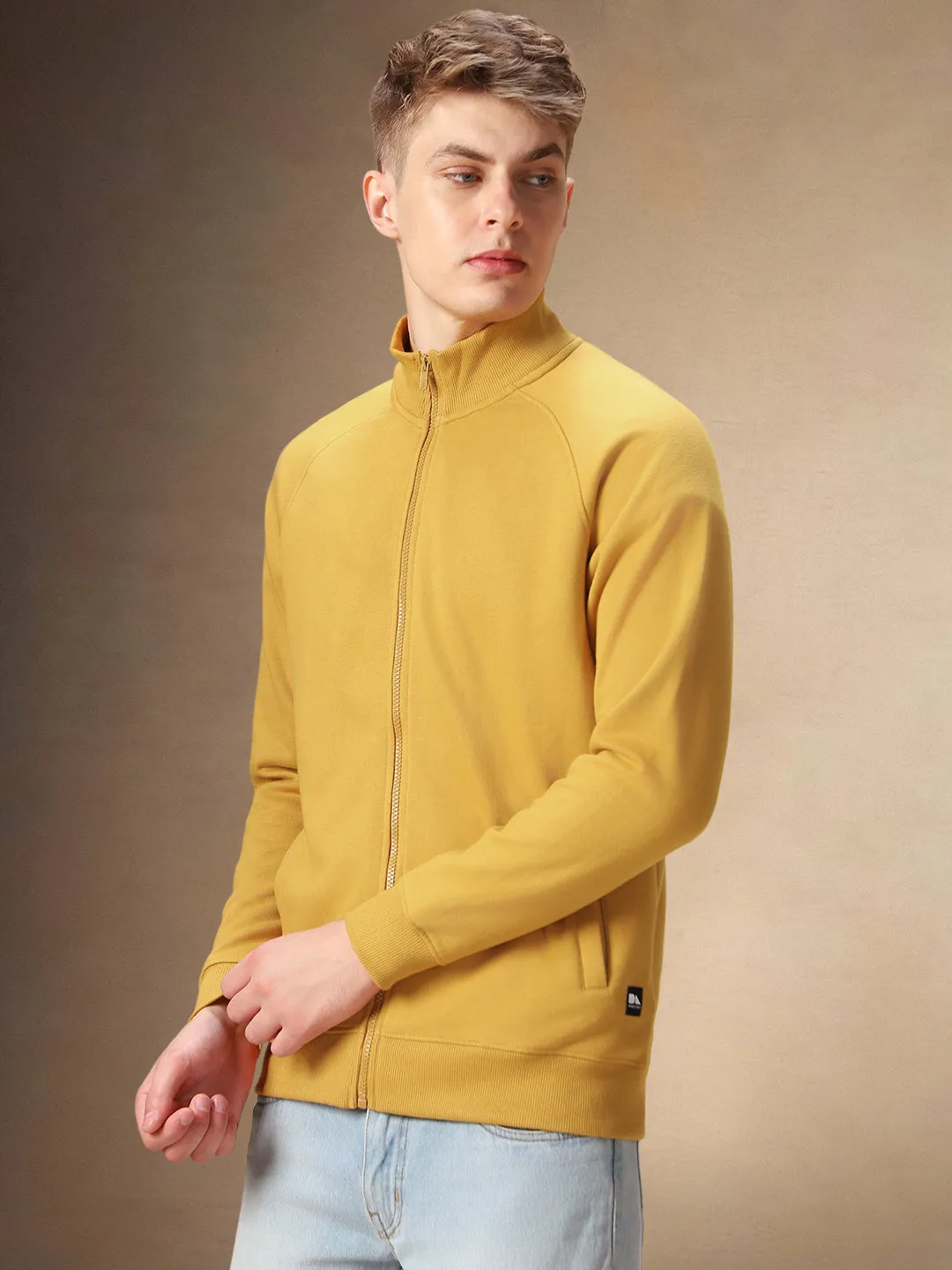 Men's Solid Mustard Full Sleeves Front-Open Sweatshirt